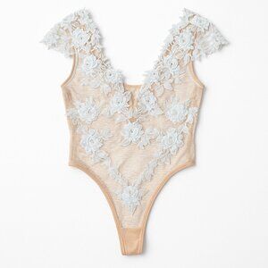 Victoria’s Secret Sheer Mesh Lace Bodysuit Nude White Floral Appliqué Size S